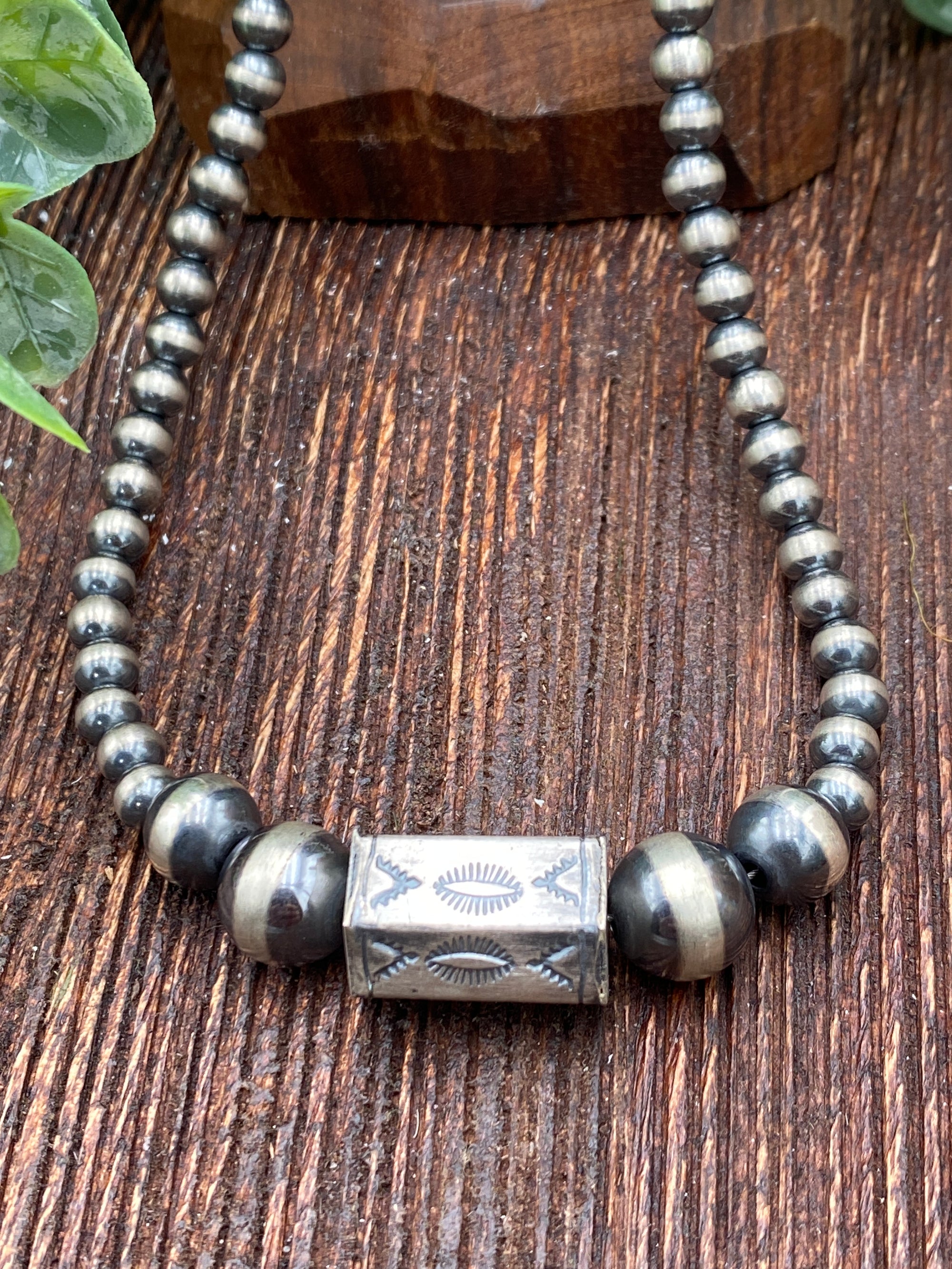 Sammy Varied Navajo Necklace With Stamped Hex Center Bead - 16"