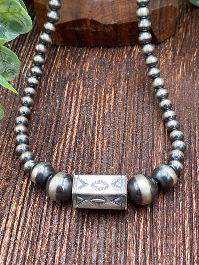 Sammy Varied Navajo Necklace With Stamped Hex Center Bead - 16"