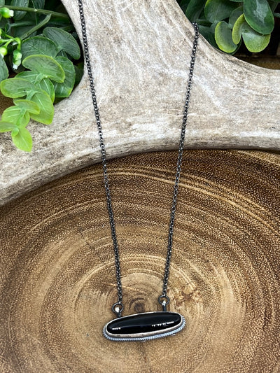 Reba Sterling Link Chain With Roped Slim Oval Onyx Pendant