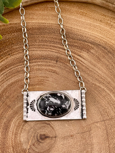 Clipster Fashion Necklace With Silver Bar Oval Stone Pendant