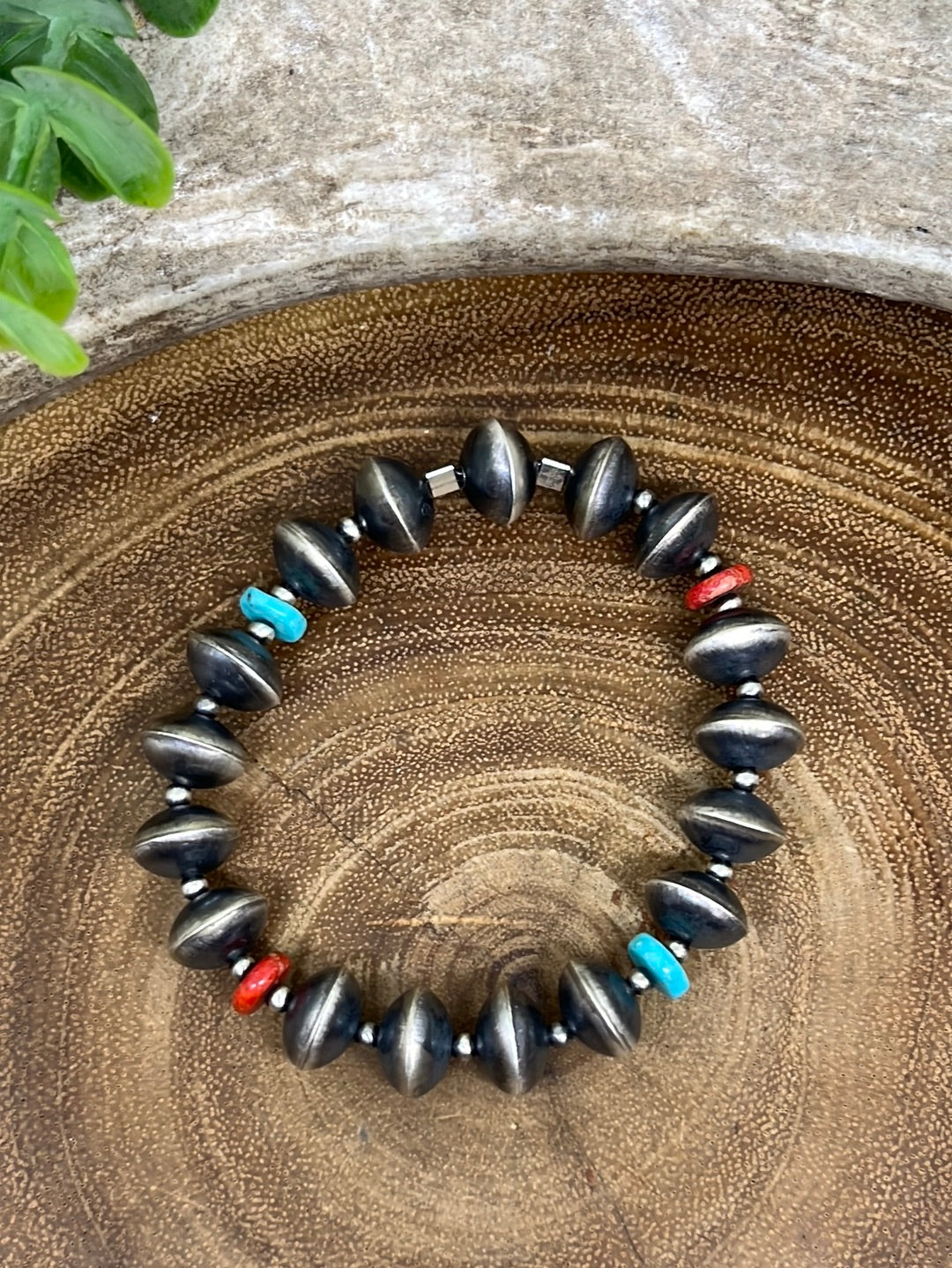 Sandusky 12mm Sterling Saucer, Turquoise & Red Spiny Stretch Bracelet
