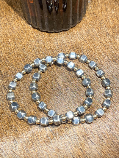 Terra Alternating Silver Cube Gold Bead Sterling Stretch Bracelet