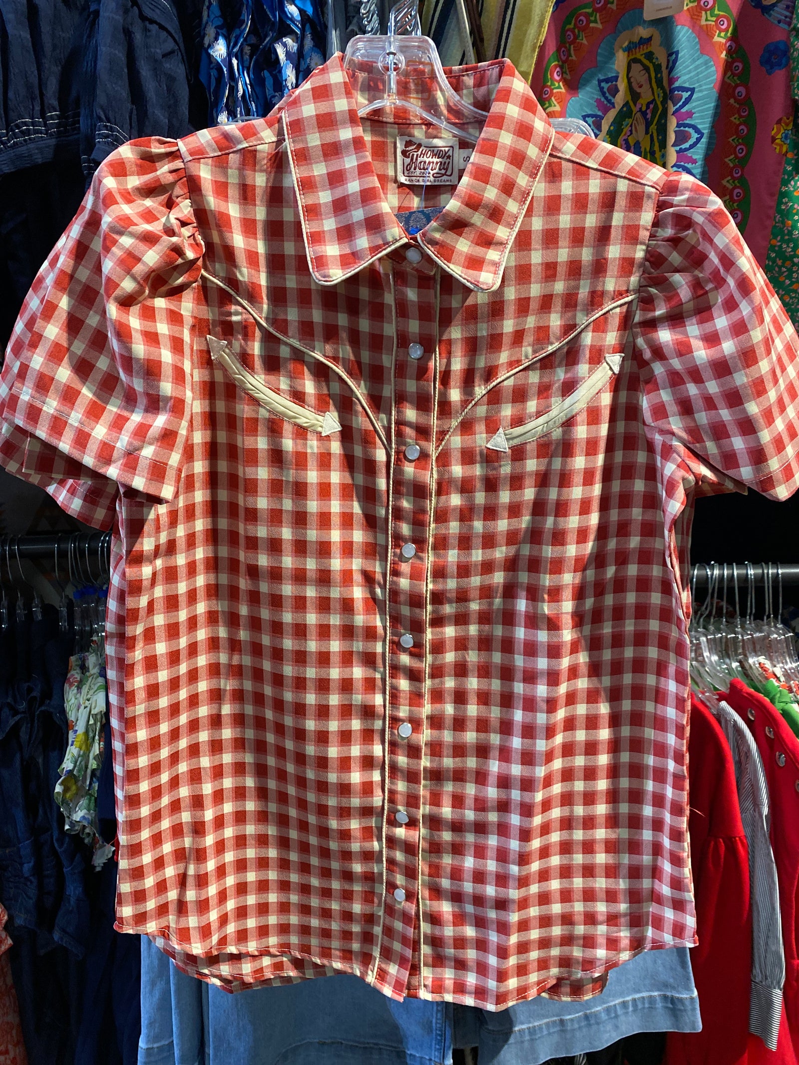 Alia Red Gingham Short Sleeve Pearl Snap Blouse