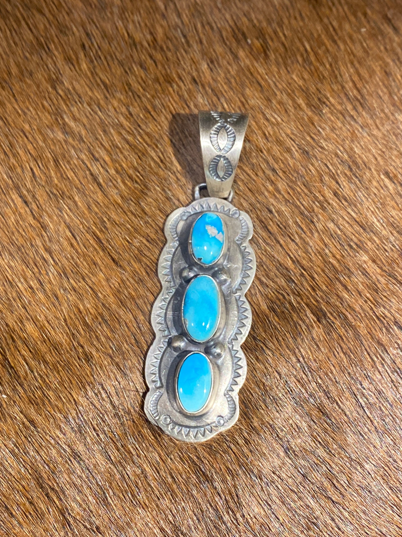 Bannock Sterling Framed Triple Stacked Turquoise Pendant