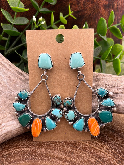 Sunset Turquoise & Orange Spiny Chandelier Earrings
