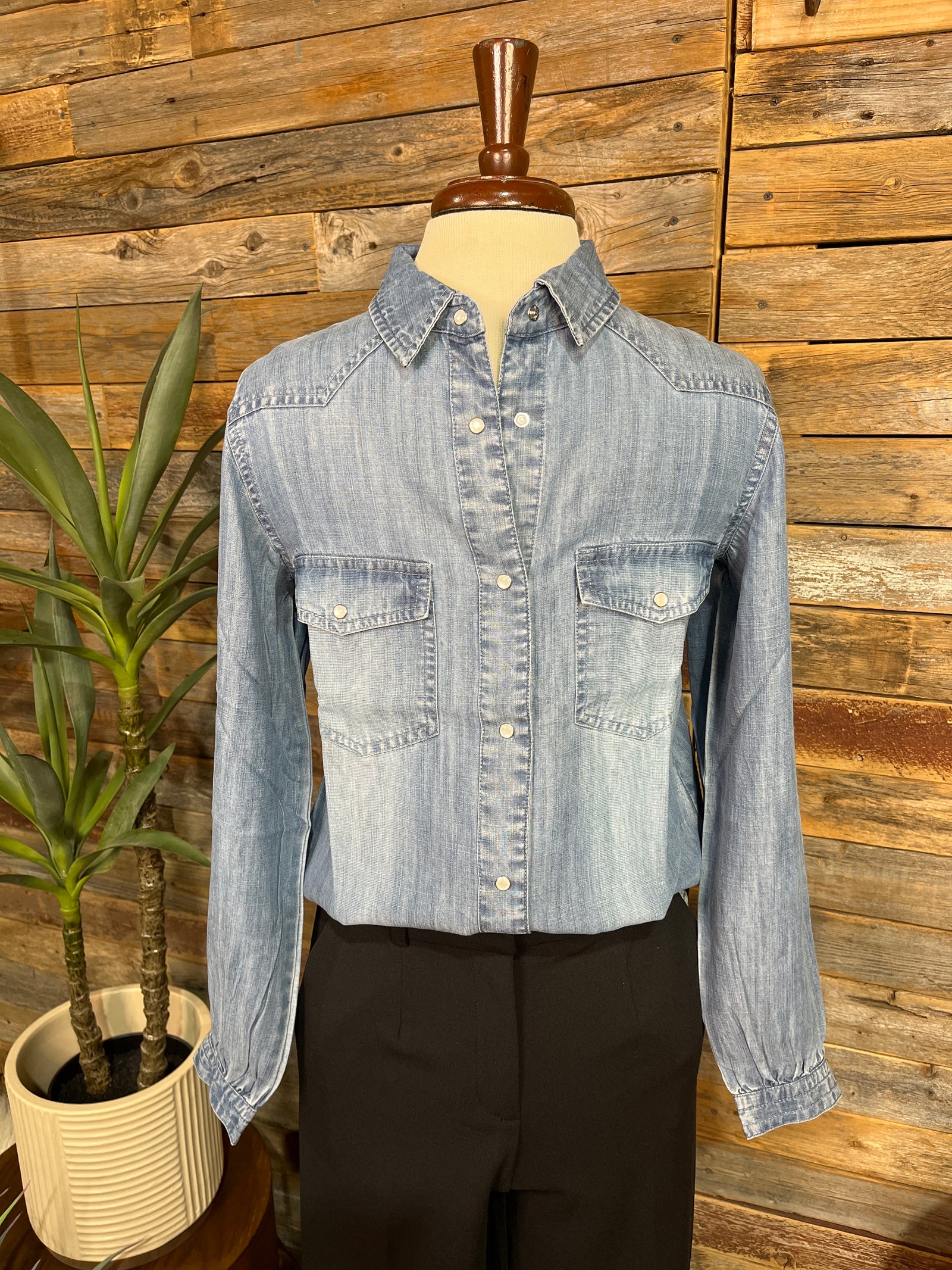 Ellen Denim Pearl Snap Button Down Blouse