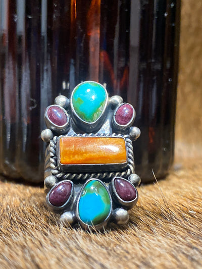 Armenia Center Rectangle Multi Stone Sterling Ring - Adjustable