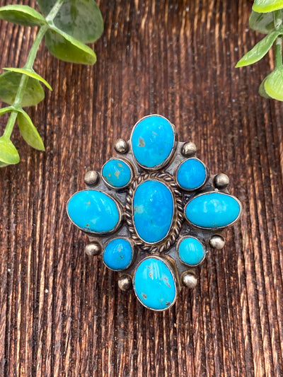 Passerine Sterling 9 Stone Turquoise Diamond Cluster Adjustable Ring