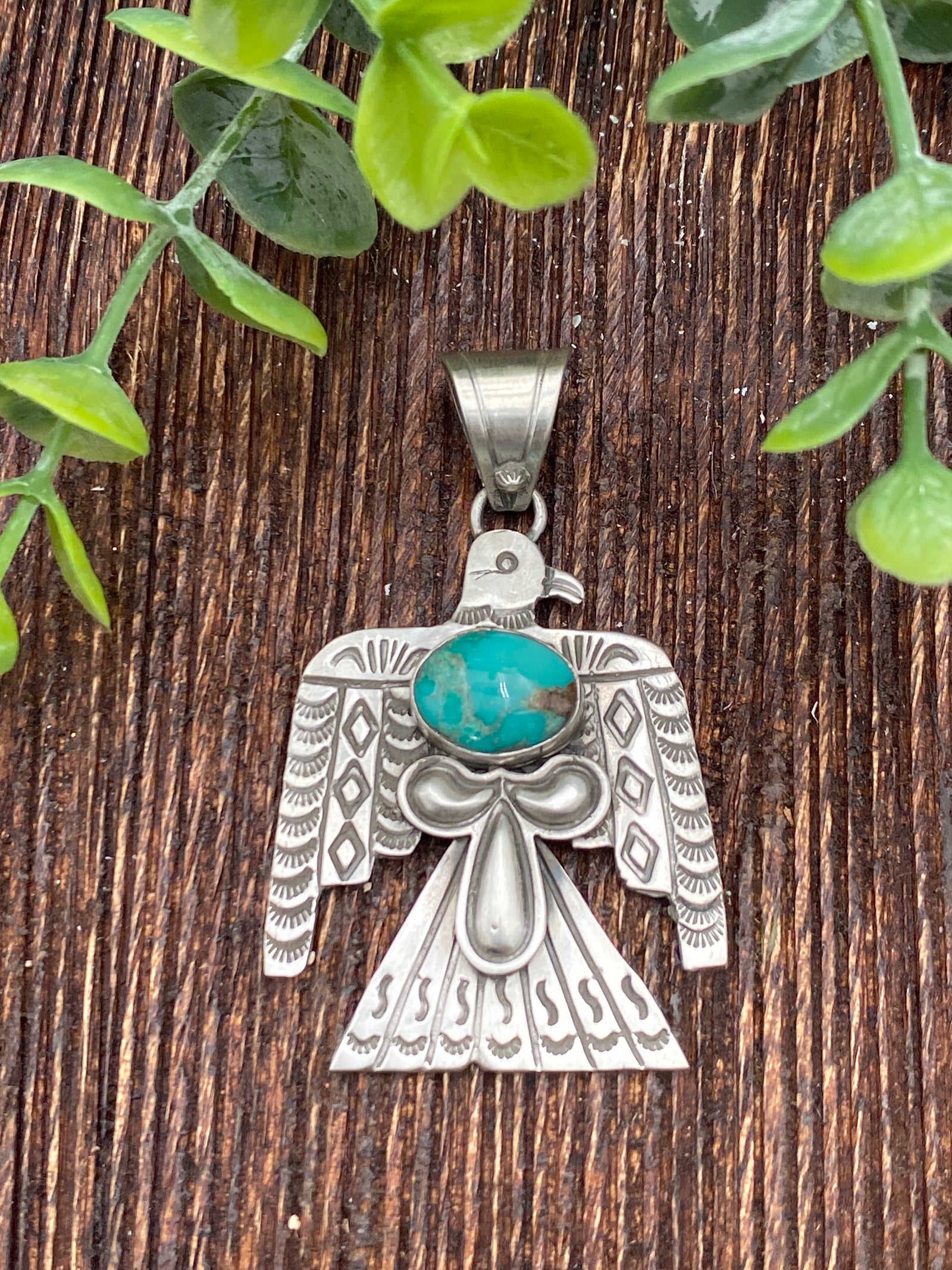 Vixen Stamped Sterling Thunderbird Pendant - Turquoise