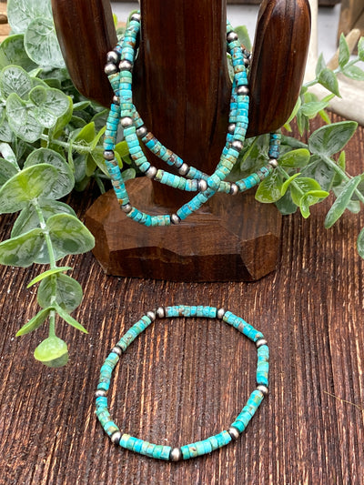 Iva Turquoise Cylinder & 4mm Navajo pearl Sterling Stretch Bracelet