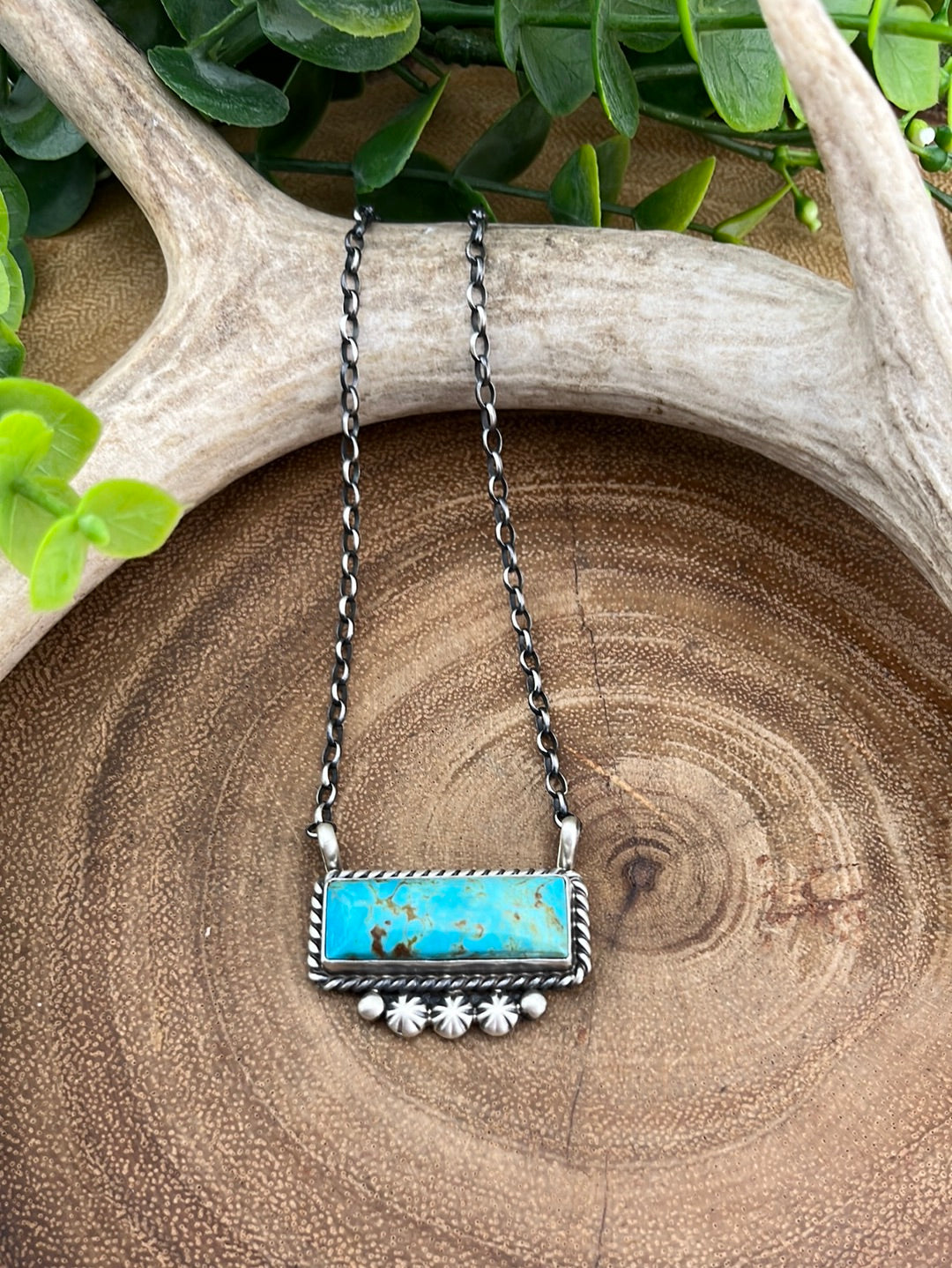 Armada Roped Sterling Kingman Turquoise Bar Necklace With Lower Bursts - 16"