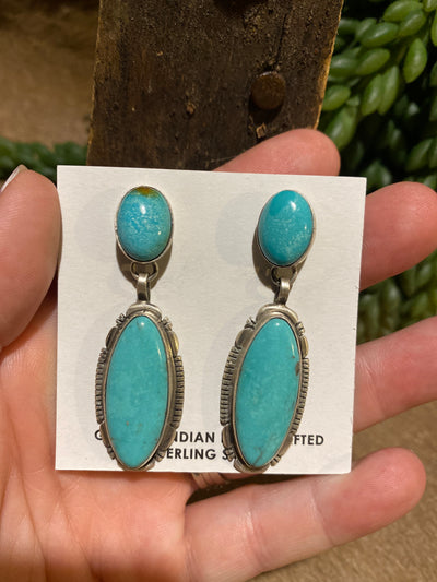 Mira Notched Sterling Turquoise Double Stone Earrings - 2.25"