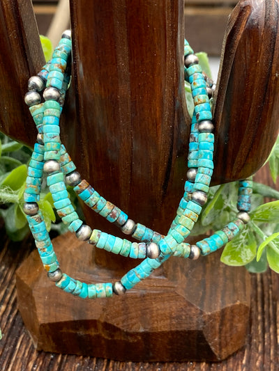 Iva Turquoise Cylinder & 4mm Navajo pearl Sterling Stretch Bracelet