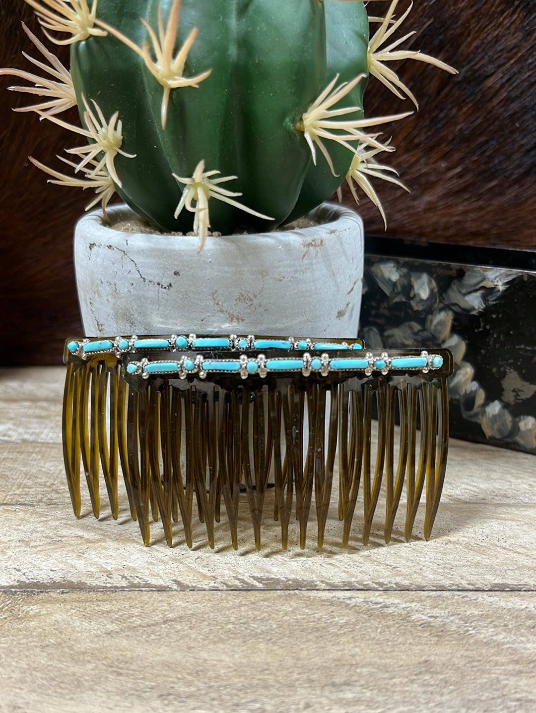 Cibola Sterling Turquoise Line Dot Hair Combs