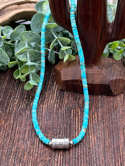 Hansen Turquoise Cylinder Bead Necklace With Sterling Barrel Center - 17"