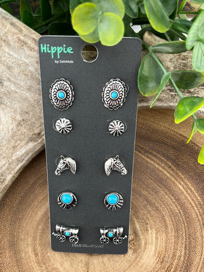 Out West Horse & Wagon Themed Turquoise Stud Earring Set - 5 pairs
