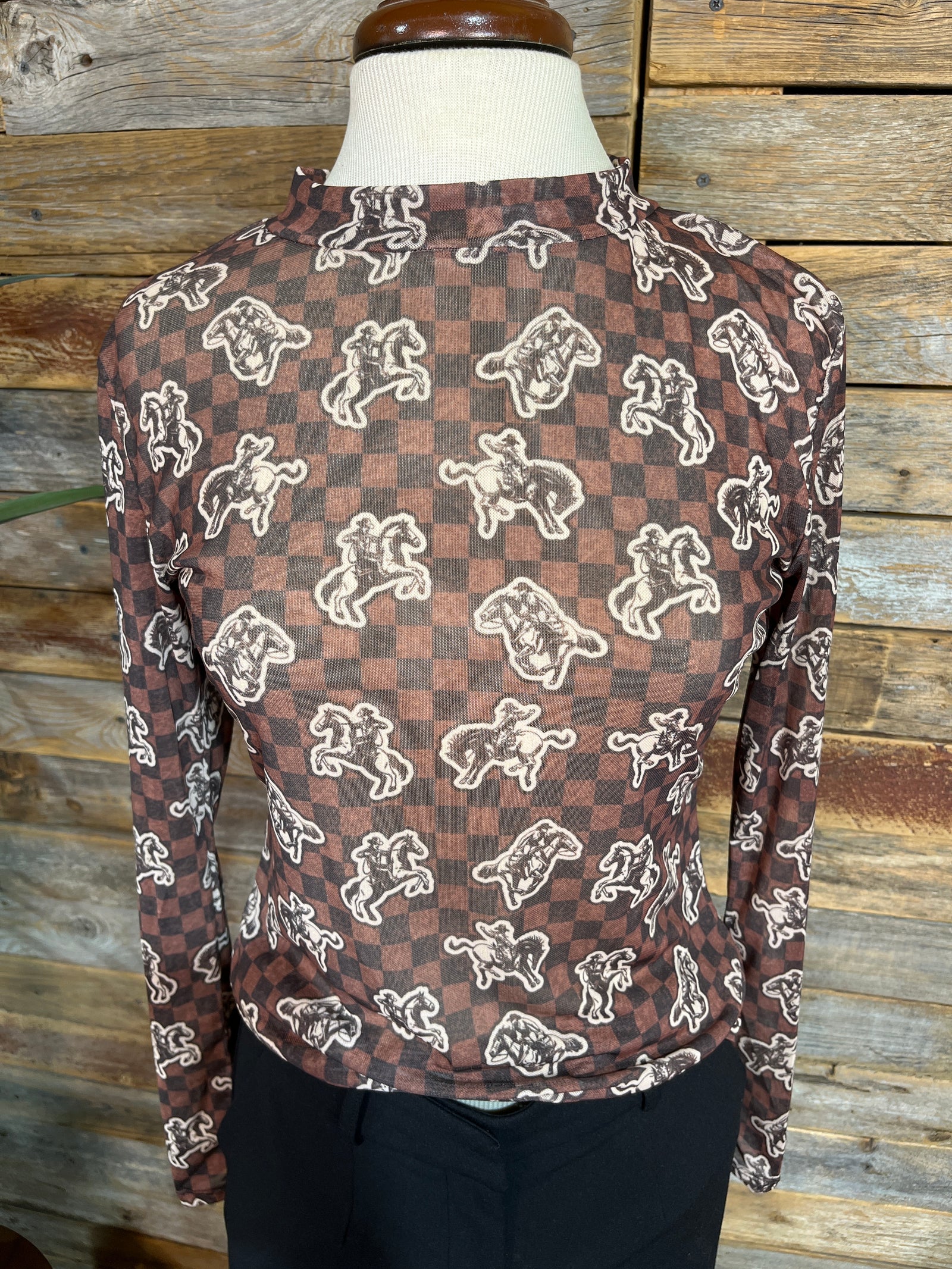 LB Cowboy Checked Print Mock Neck Mesh Top