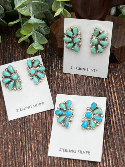 Shana Kingman Turquoise Round Center Half Circle Cluster Post Earrings - .9"