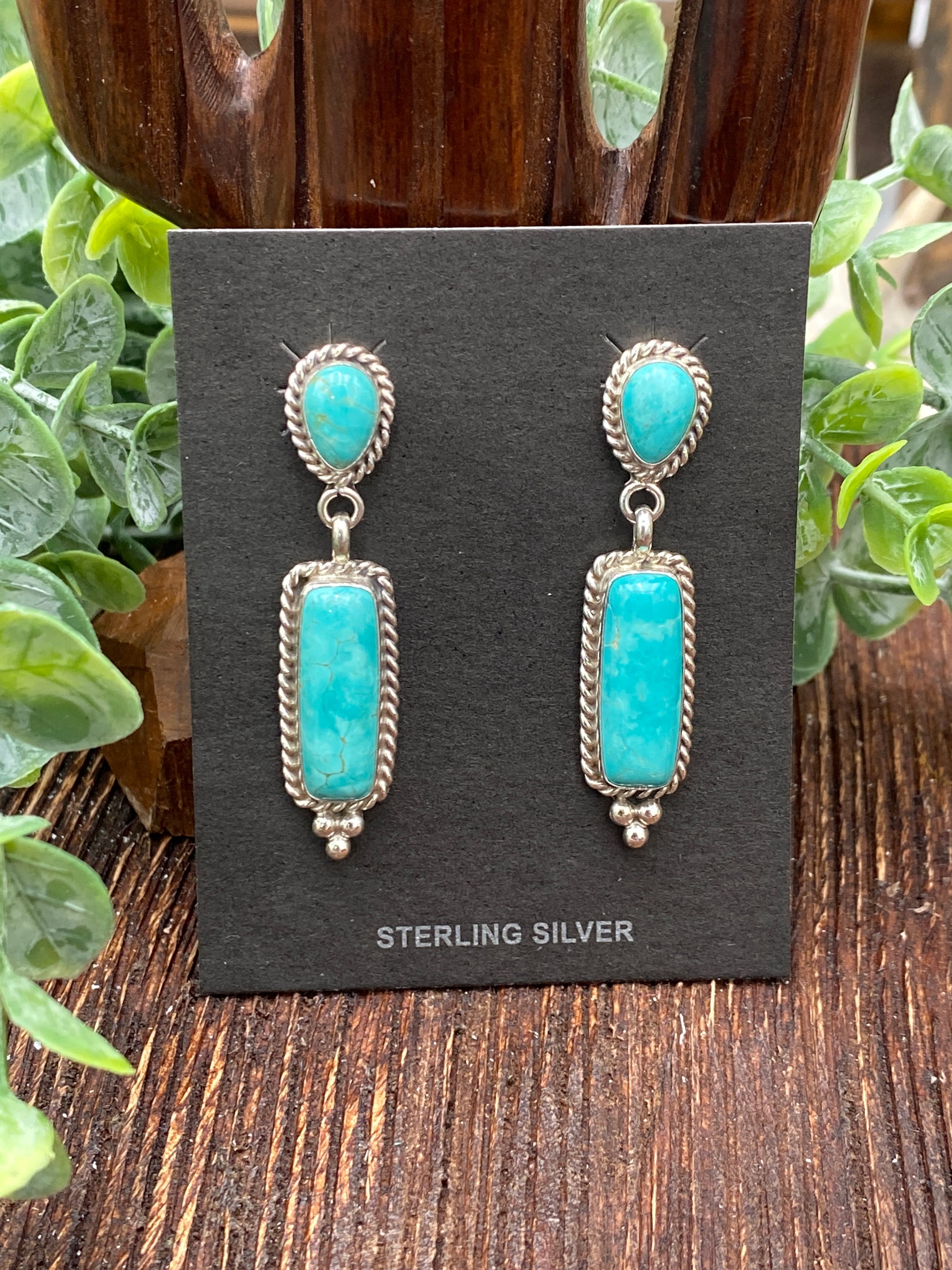 Cristle Sterling Roped Double Stone Earrings With Lower Bead Detail - Turquoise