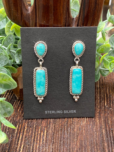 Cristle Sterling Roped Double Stone Earrings With Lower Bead Detail - Turquoise