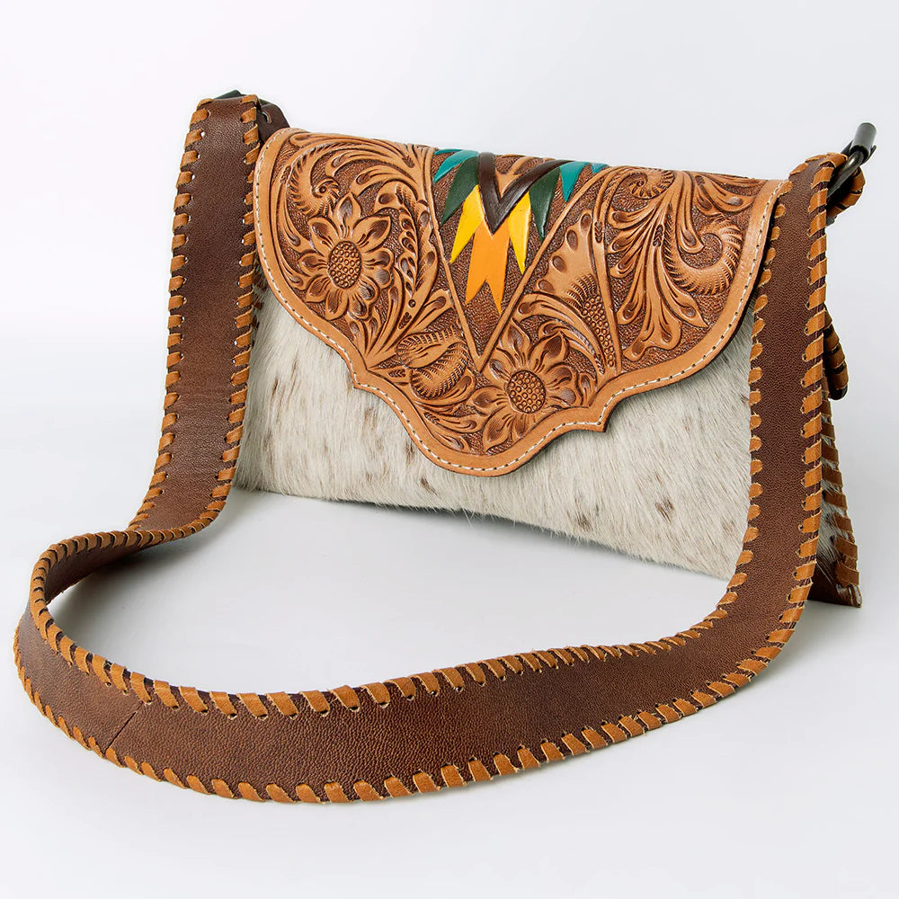 Brown Leather Tooled Hand Bag with Cowhide