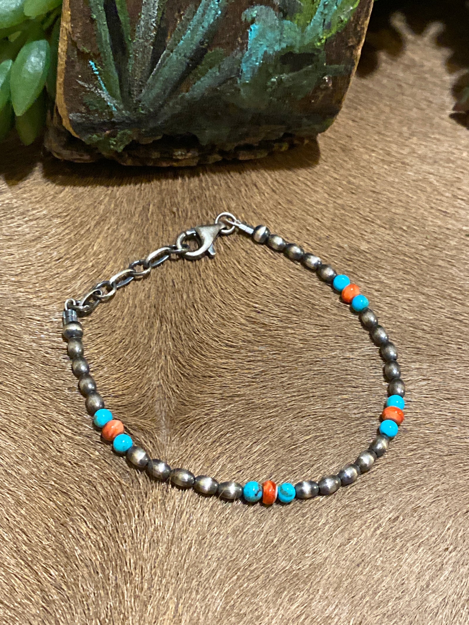 Abigail Navajo Mello, Turquoise & Red Spiny Bead Bracelet