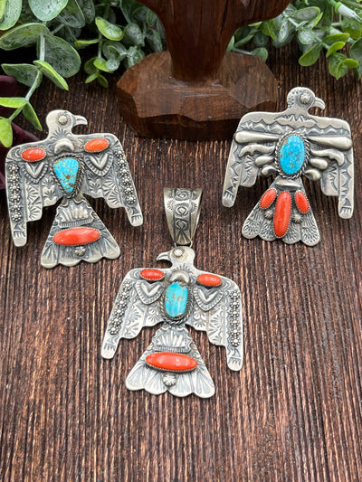 Dixon Turquoise & Coral Stamped Thunderbird Ring or Pendant