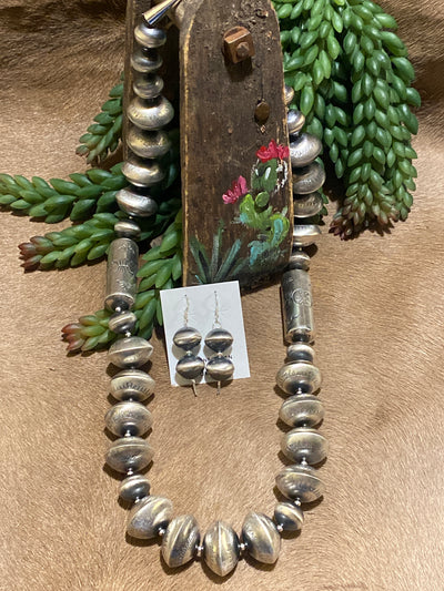 Albatross Sterling Silver Cylinder Large Stamped Bead Necklace & Earring Set - 28"