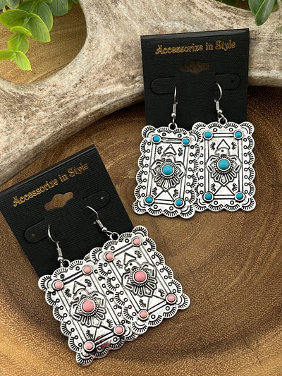 Skimmer Fashion Thunderbird Stamped Rectangle Concho Earrings
