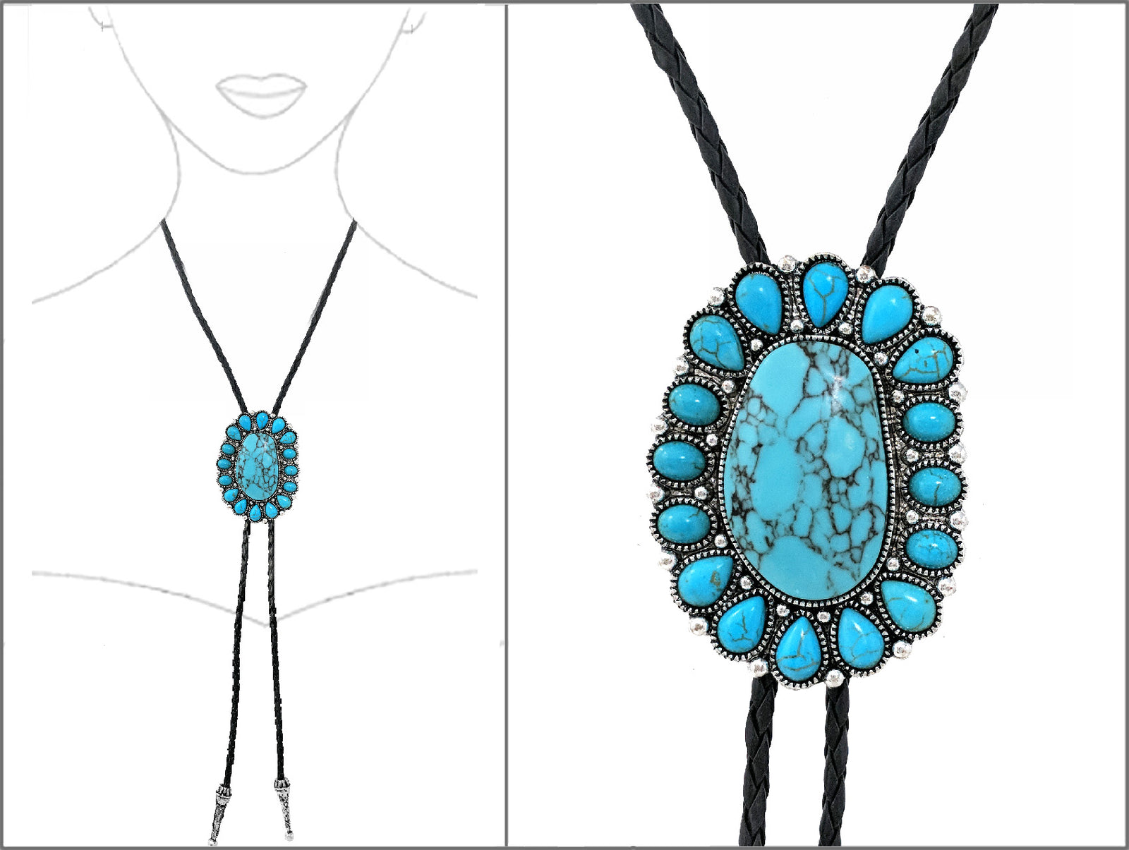 Turquoise stone bolo tie on a white background