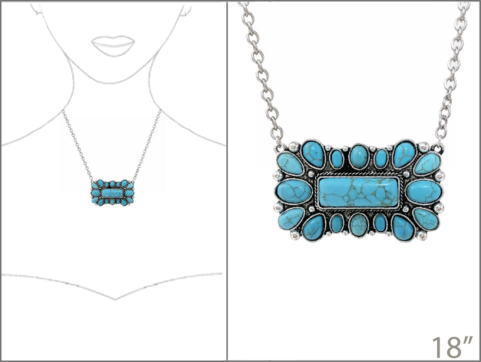 Turquoise necklace with silver chain on a white background