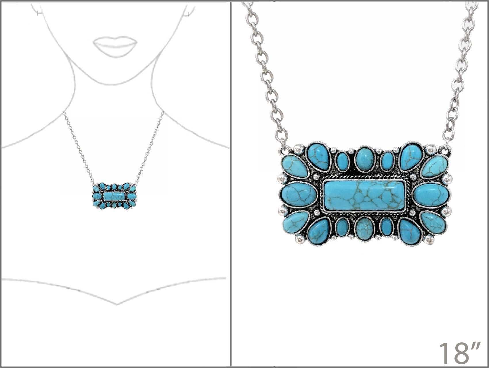 Turquoise necklace with silver chain on a white background