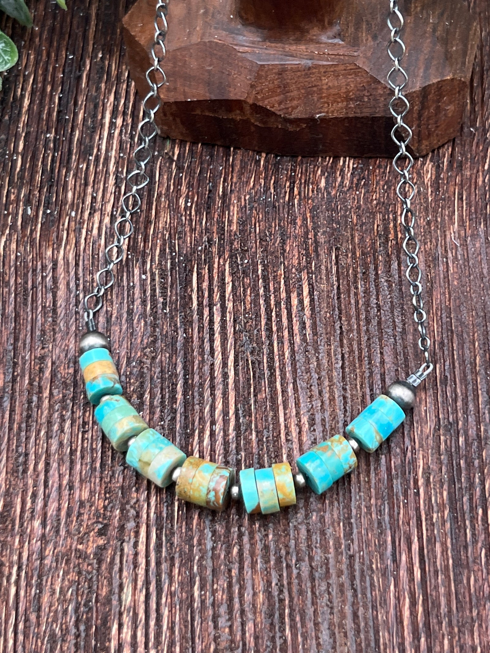Asia Sterling Link Chain Necklace With Navajo & #8 Turquoise Cylinder Beads - 18"