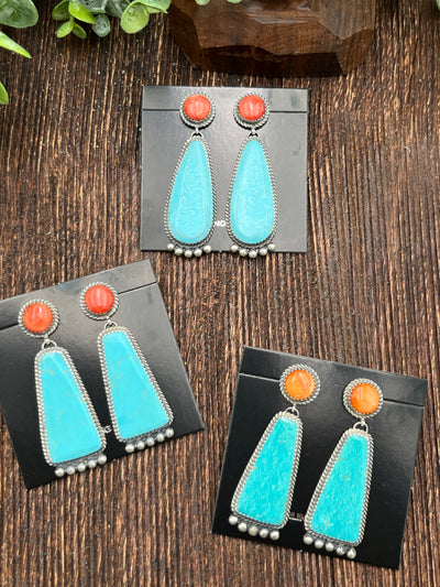 Bluster Round Spiny Post Turquoise Drop Sterling Earrings