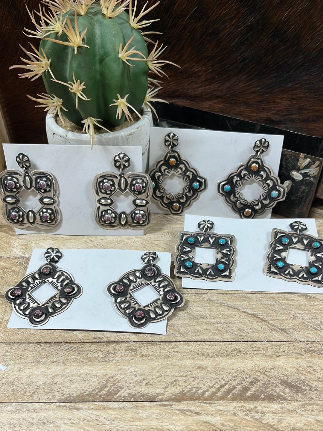 Concho Stone Stamped & Embossed Sterling Earrings