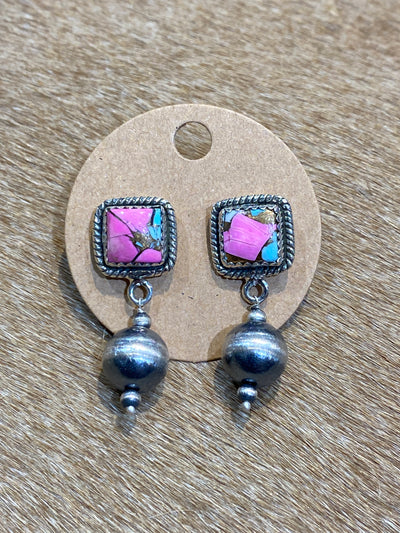 Hada Collection Square Post Navajo Pearl Drop Sterling Earrings