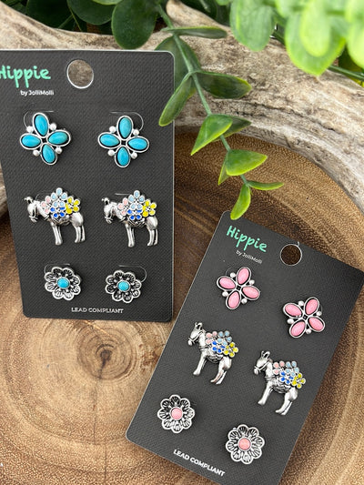 Floral Donkey Stud Earring Set - 3 pairs