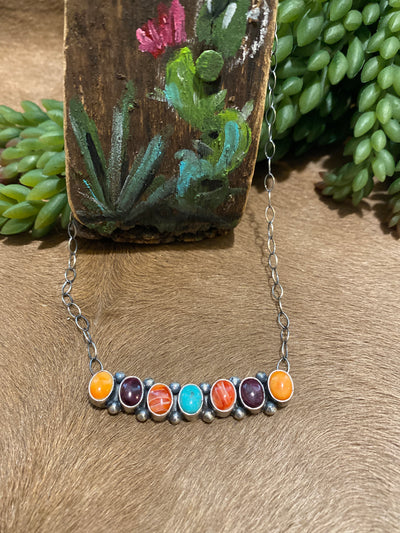 Alita Sterling Chain With 7 Stone Turquoise & Spiny Curved Pendant - 20"