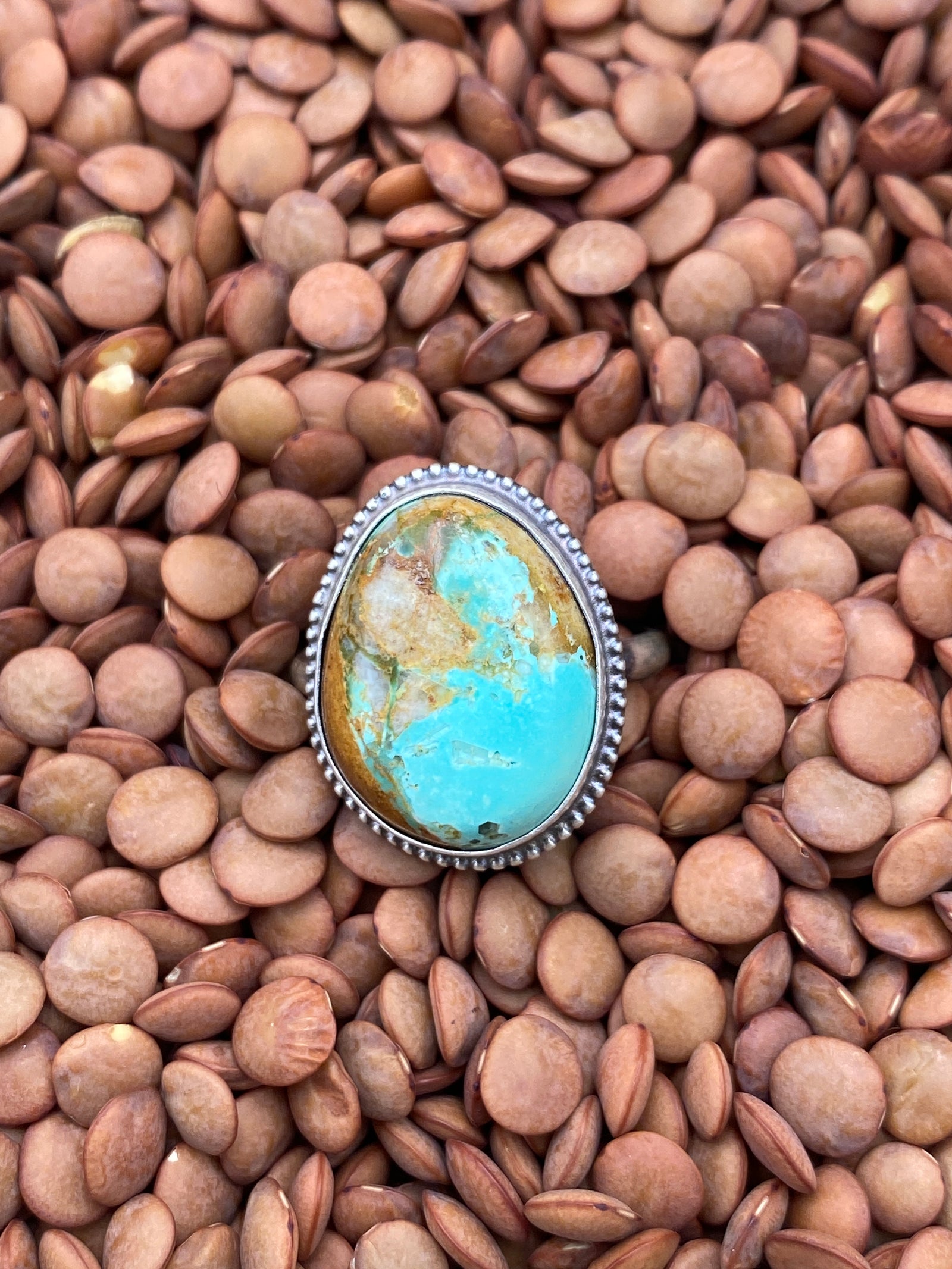 Rolling Stones Sterling Bead Framed Turquoise Ring - size 9