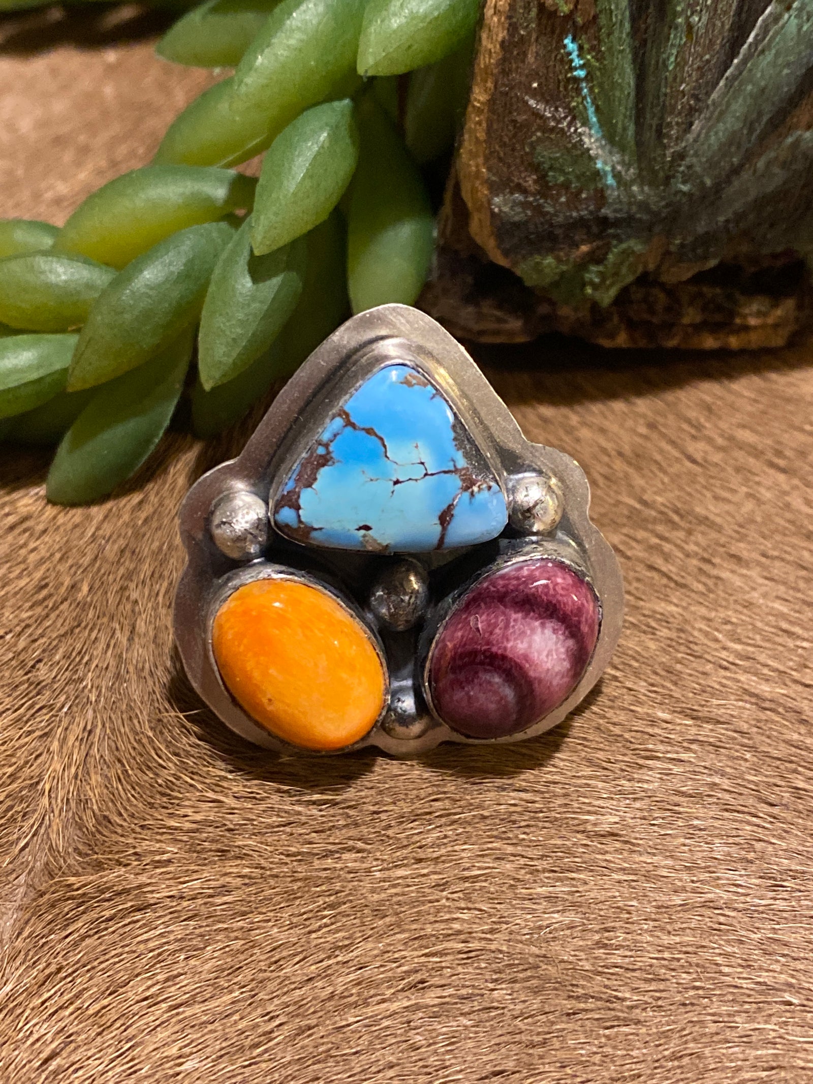 Mateki Triple Stone Turquoise & Spiny Sterling Ring - Adjustable