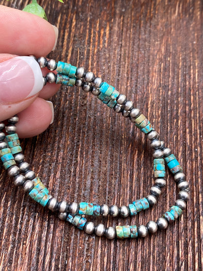 Kipling Turquoise Cylinder & 4mm Navajo pearl Sterling Stretch Bracelet