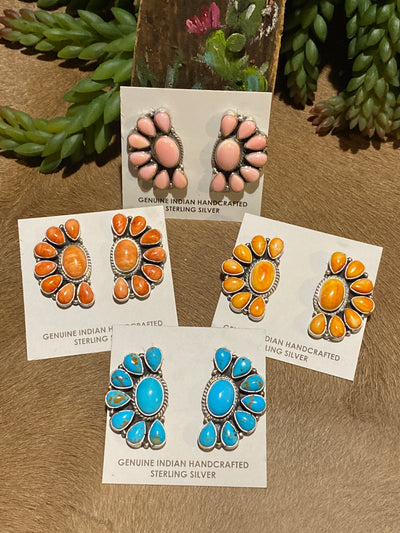 Greenbriar Turquoise Oval Center Half Circle Cluster Post Earrings - 1.5"