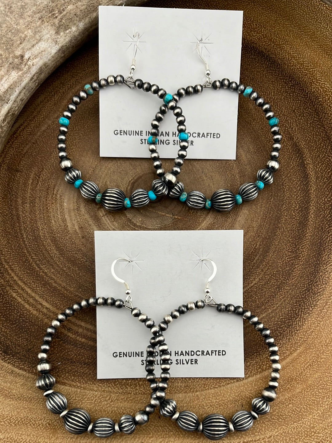 Jocelyn Sterling Stamped Bead Fish Hook Hoop Earrings - 2.25"