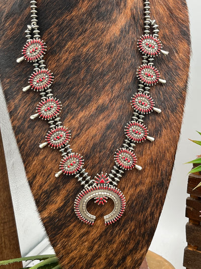 Meldon Sterling Saucer Squash Blossom Necklace - Coral