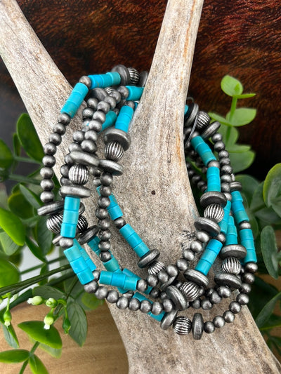 Cassiope 5 Strand Fashion Beaded Varied Navajo Necklace, Earrings & Bracelet - Turquoise