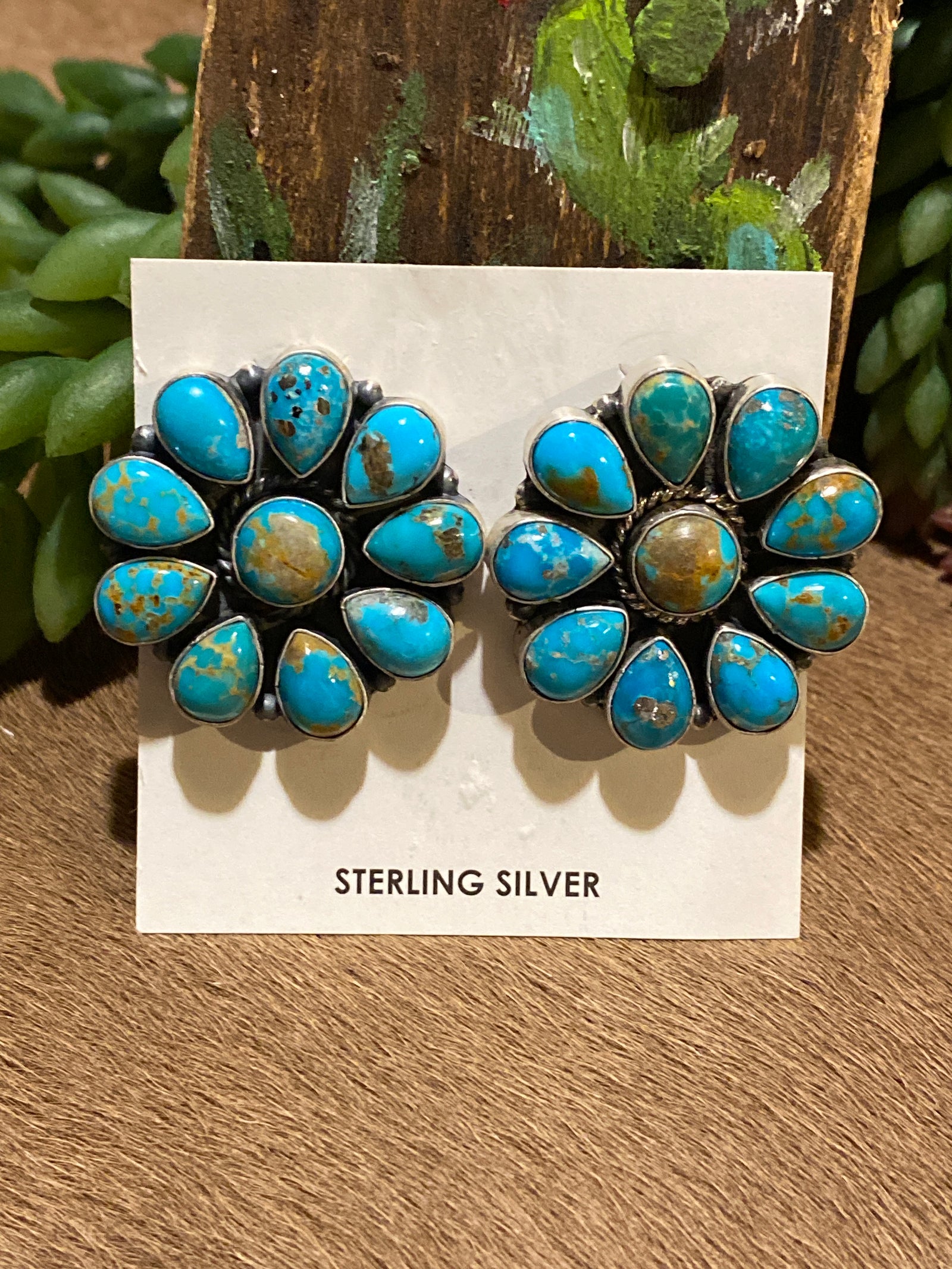 Hulen Turquoise Round Center Flower Cluster Post Earrings - 1.4"