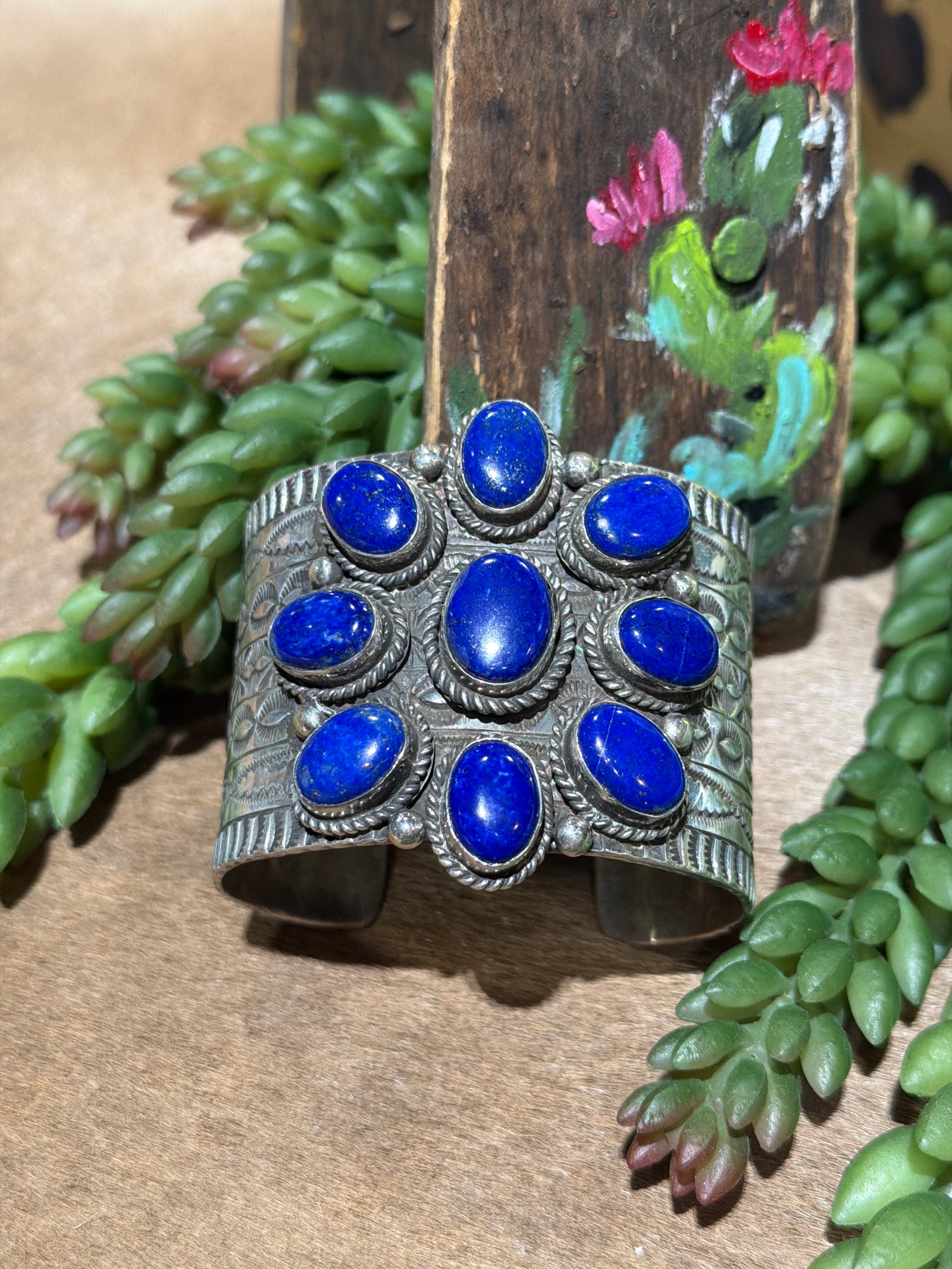 Meander Wide Stamped Cuff - Lapis