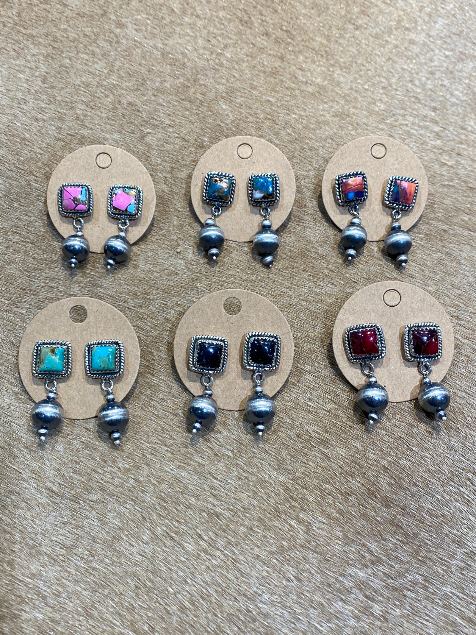 Hada Collection Square Post Navajo Pearl Drop Sterling Earrings