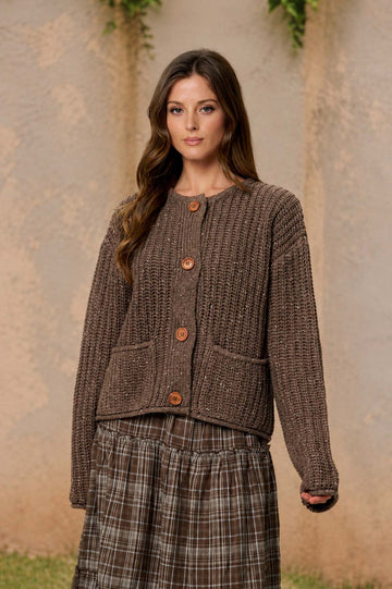 MARLED BUTTON DOWN RAW EDGE CHUNKY KNIT CARDIGAN