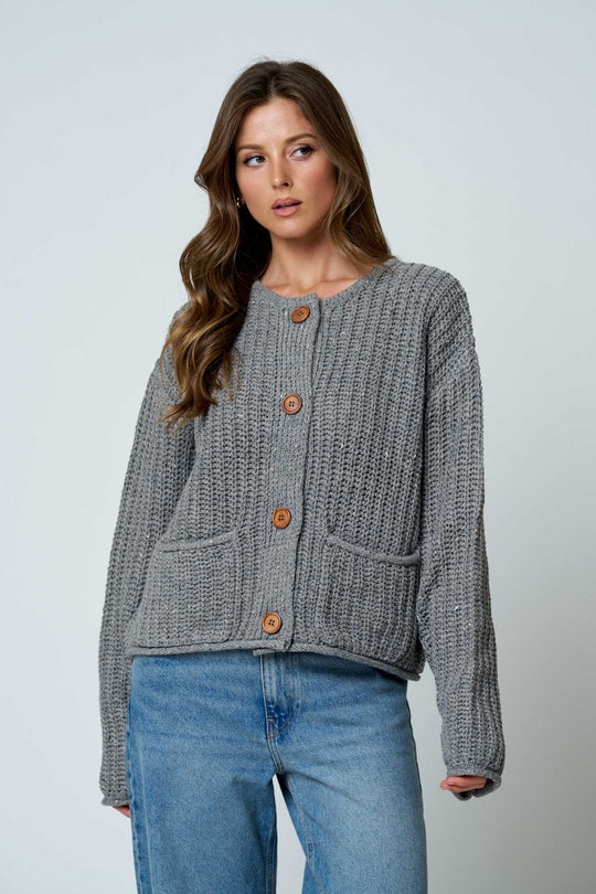 MARLED BUTTON DOWN RAW EDGE CHUNKY KNIT CARDIGAN